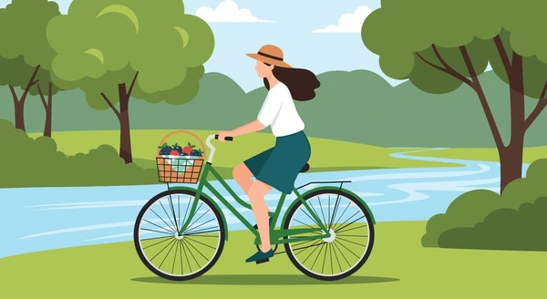 Abstract illustration of cyclists moving together along a scenic green route